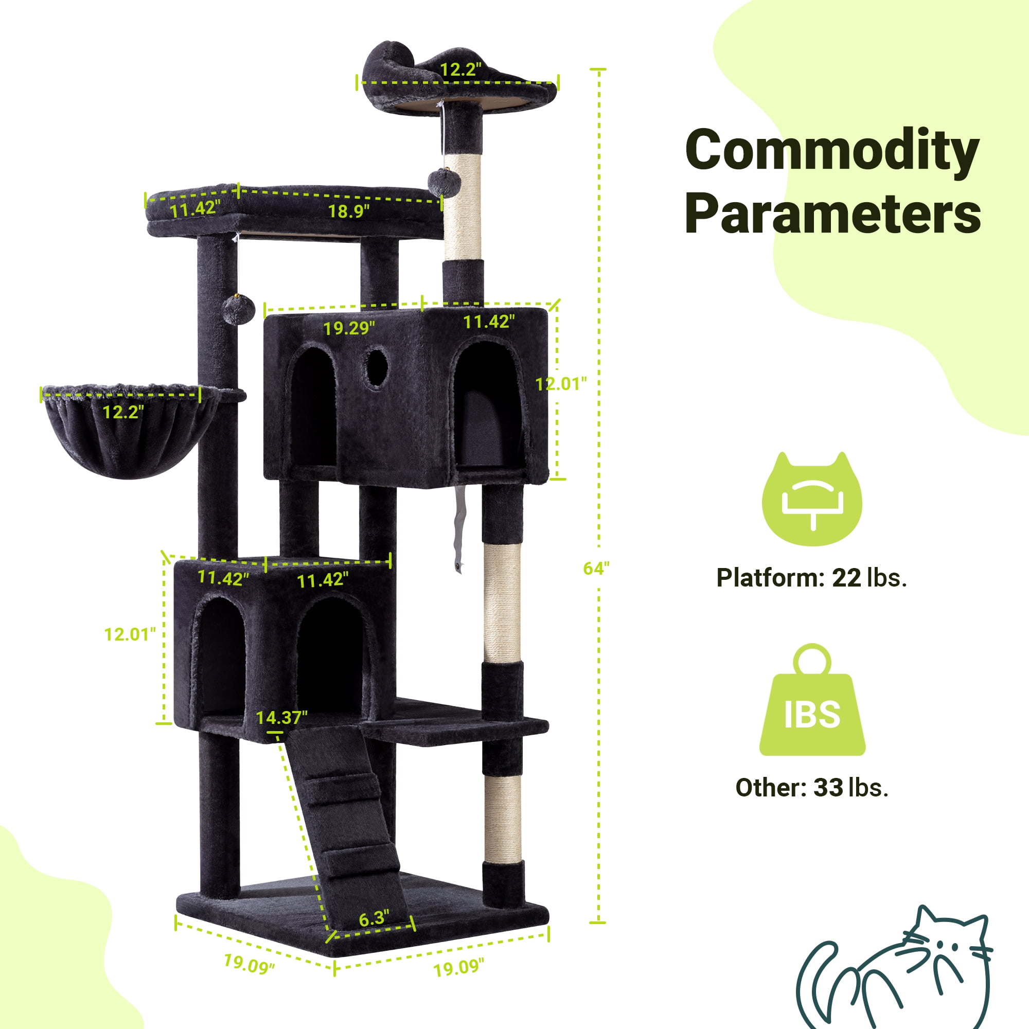 Allewie 64 Inches Cat Tree Tower, Multi-Level Activity Center for Indoor Big Felines, 2 Plush Condos, 2 Perchs, Basket, House, Sisal Scratching Posts, Hanging Cat Toys, Dark Grey