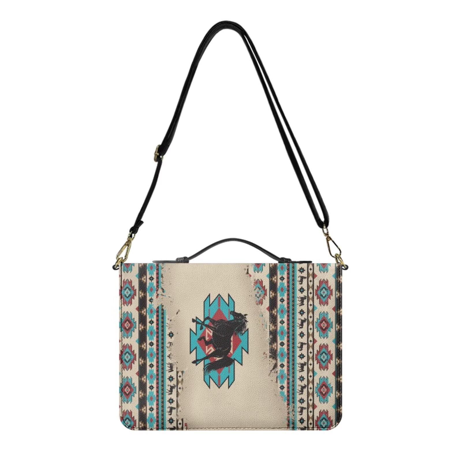 Kuiaobaty Aztec Horse Print Bible Cover for Women Sturdy Carrying Book Case with Bookmark Waterproof Leather Church Bible Protective with Handle and Strap for Church, Beige
