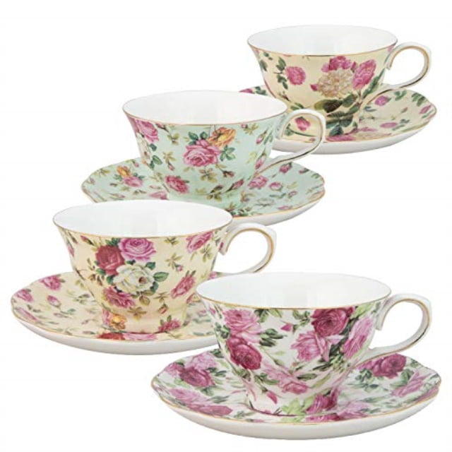 Stacked Teapot Cup Saucer Red Rose Gracie China by Coastline Imports 4-Piece Porcelain Tea for One 
