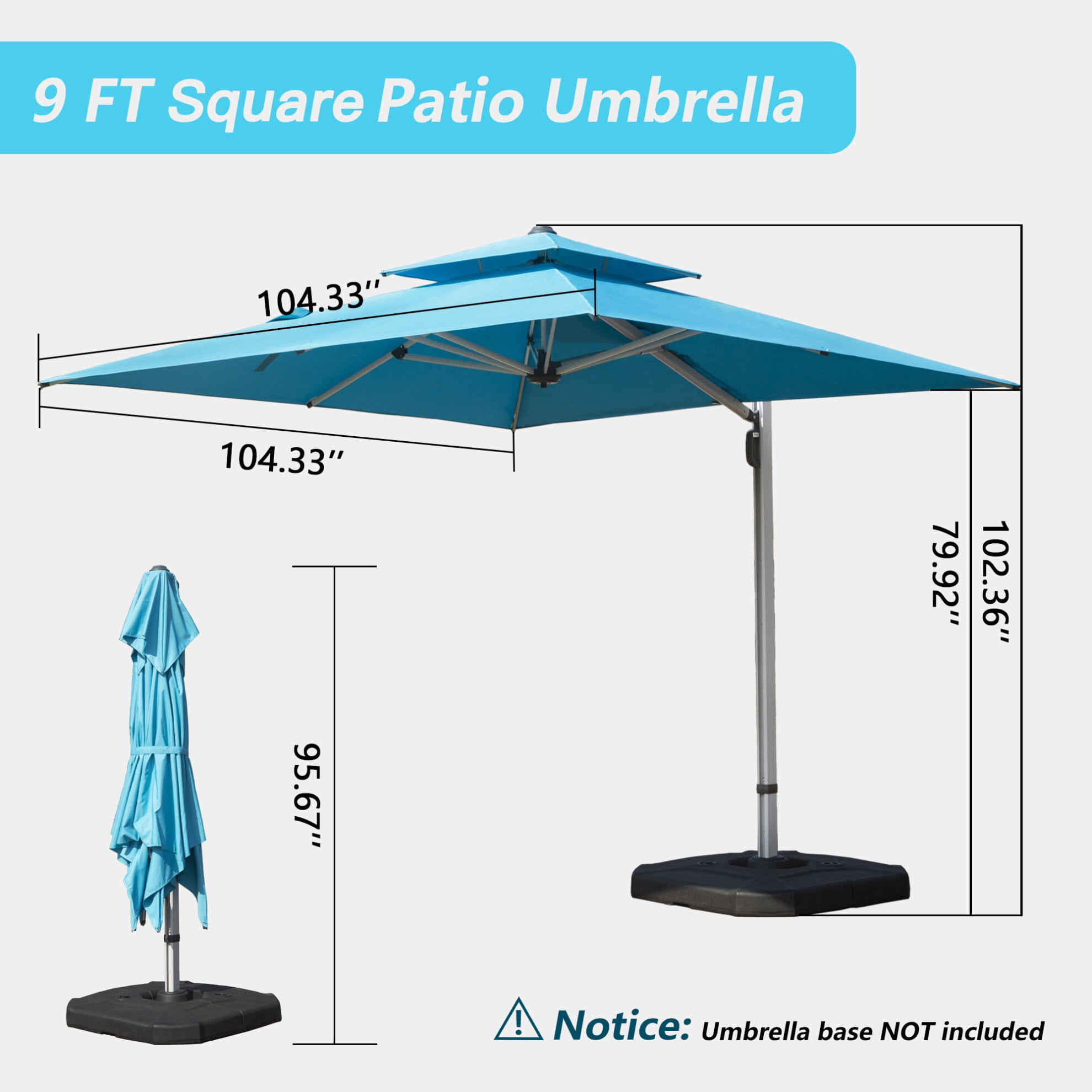 9ft Offset Cantilever Patio Umbrella, 360° Rotation Square Market Umbrella with 5-Position Tilt, 2-Tier Outdoor Table Umbrella with 9 Sturdy Ribs for Backyard, Pool, Blue (No Base)