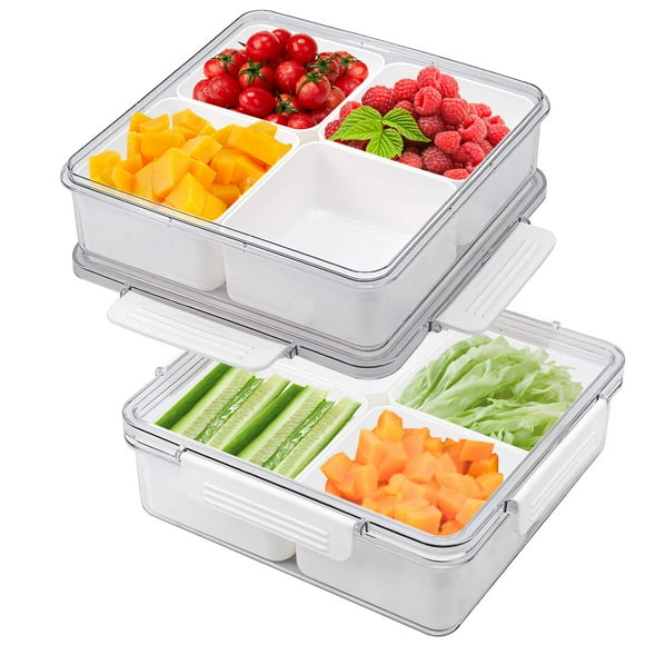 MineSign 2Pack Divided Veggie Tray with Lid Snackle Box Serving Container Salad Keeper with 4 Removable Boxes Stackable Refrigerator Organizer Bins Produce Saver for Meal Prep Fruit