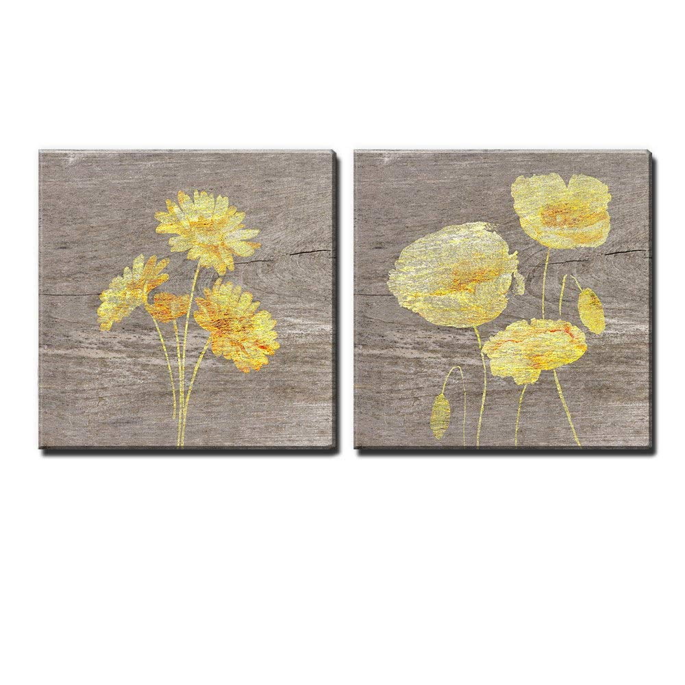 wall26 - 2 Panel Square Canvas Wall Art - Yellow Floral Wood Effect
