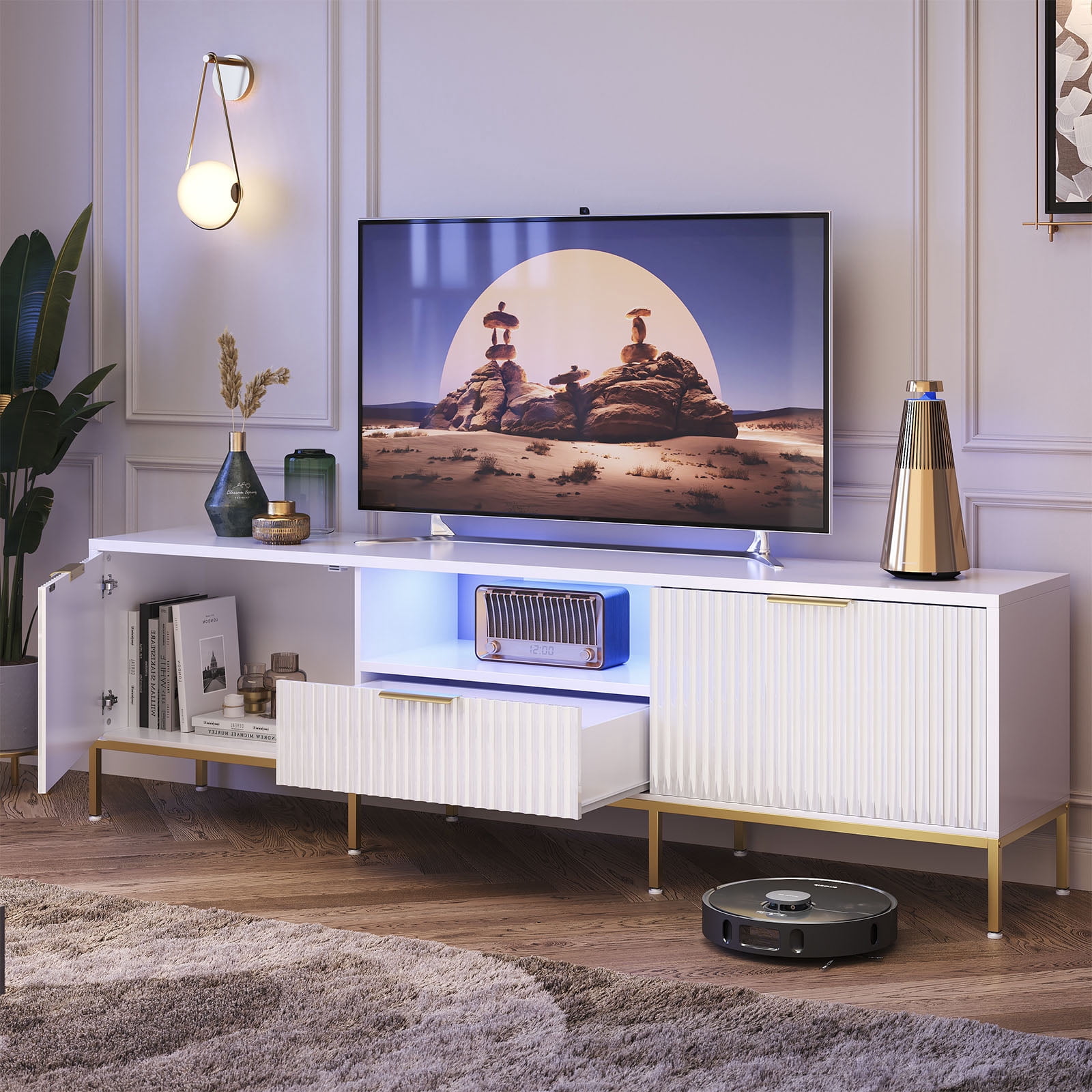Bestier 70 inch LED TV Stand Modern High Gloss Fluted TV Cabinet Entertainment Center with Drawers for TVs up tp 75 inch, White & Gold