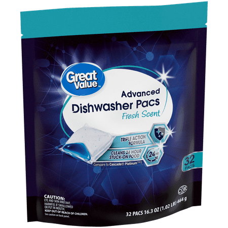 Great Value Advanced Automatic Dishwasher Pacs, Fresh Scent, 32 Count