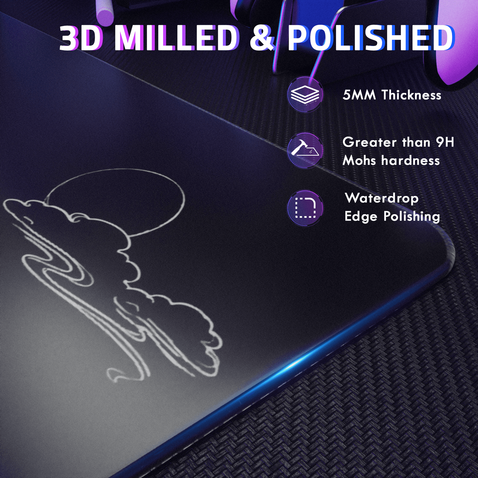 ATTACK SHARK CM05 SE Tempered Glass Mouse Pad, 16.1''×12.2'' Large Hard Gaming Mouse Pad, Nano-Etched Surface, 9H Anti-Scratch, Anti-Slip Base, Black Waves