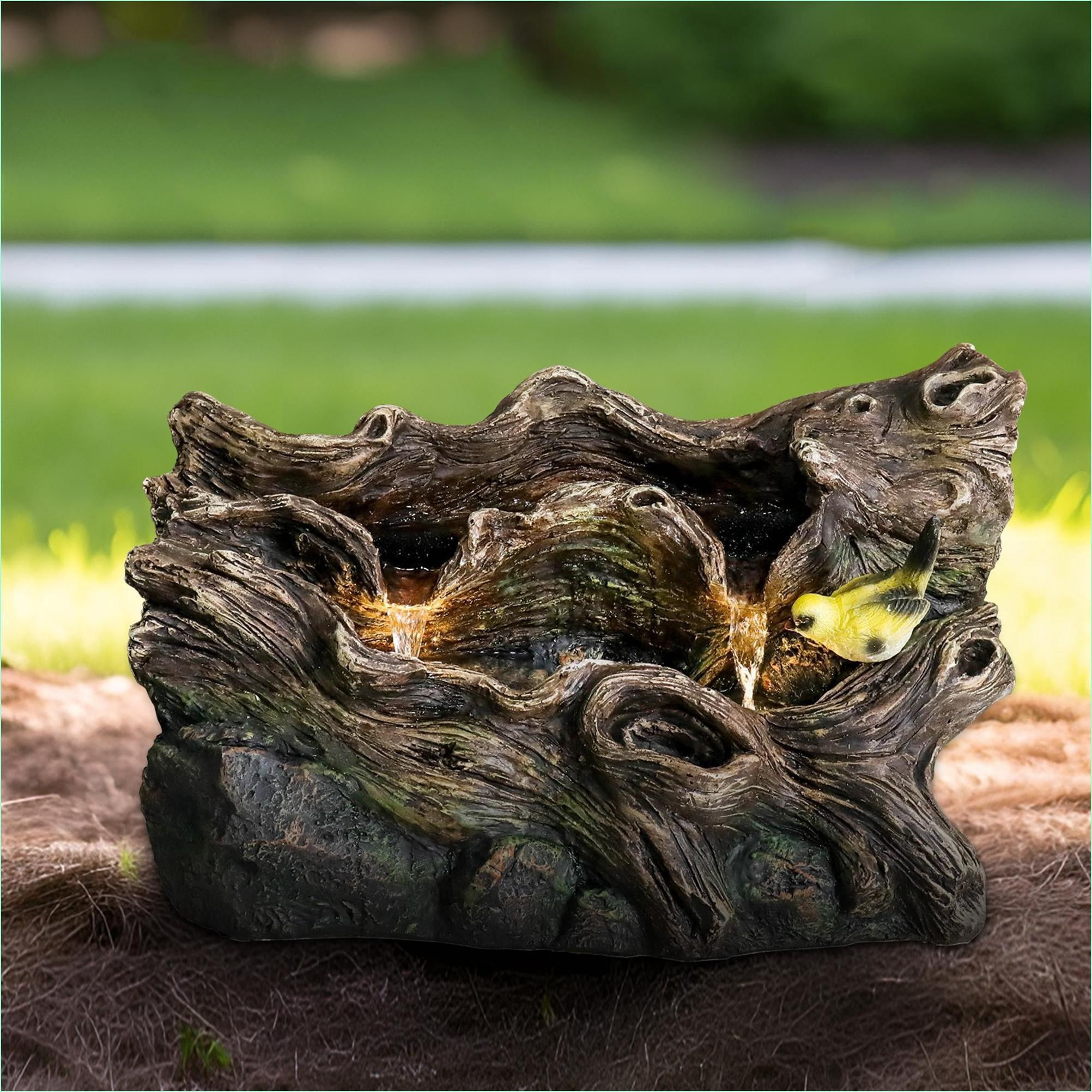 Fountains | 14.1" Rustic Tree Trunk Outdoor Fountain for Garden Patio, Adjustable Pump, No Assembly | Tan Brown | Concrete / Cement