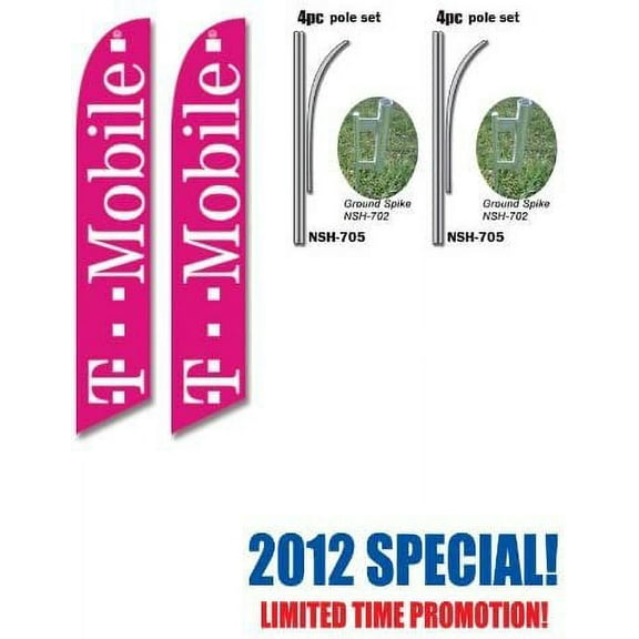 2 Pack of T-Mobile Tmobile Wireless Advertising Feather Banner Swooper Flag Signs with Flag Pole Kits and Ground Stakes