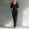thumbnail image 2 of JULMCOMO Jumpsuits for Women Deep V Neck Cold Shoulder Casual Rompers Half Sleeve Cinched Waist Wide Leg Summer Jumpsuit with Pockets Black XL, 2 of 5
