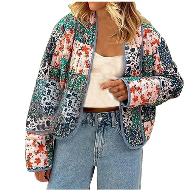 Weiqiqre Womens Fall Fashion 2024 Floral Quilted Jackets Cropped Reversible Open Front Lightweight Short Padded Puffer Coat
