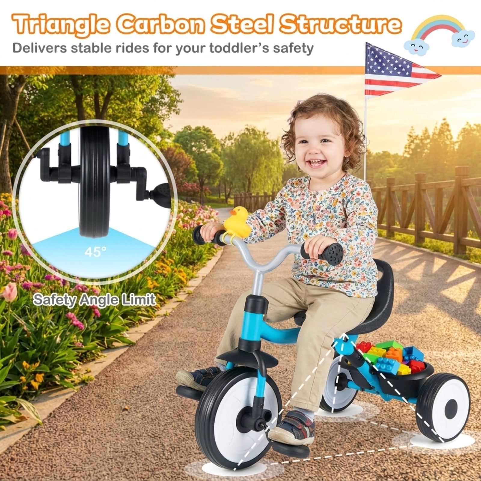Redsmile Toddler Tricycle for 1-3 Years, Kids Trike with Light-Up Wheels, 3-Position Seat & Storage Basket, Foldable Push Walker Toy, Removable Pedals for Boys Girls, Christmas Gift, Blue