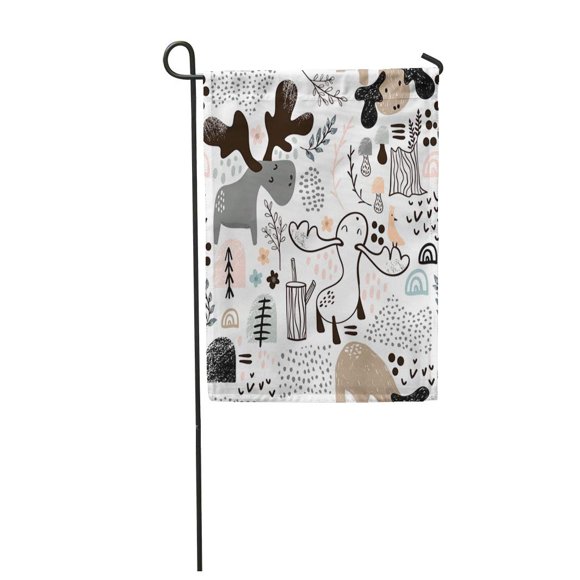 NUDECOR Gray Childish Elks in Wood and Abstract Shapes Scandinavian Perfect Garden Flag Decorative Flag House Banner 12x18 inch