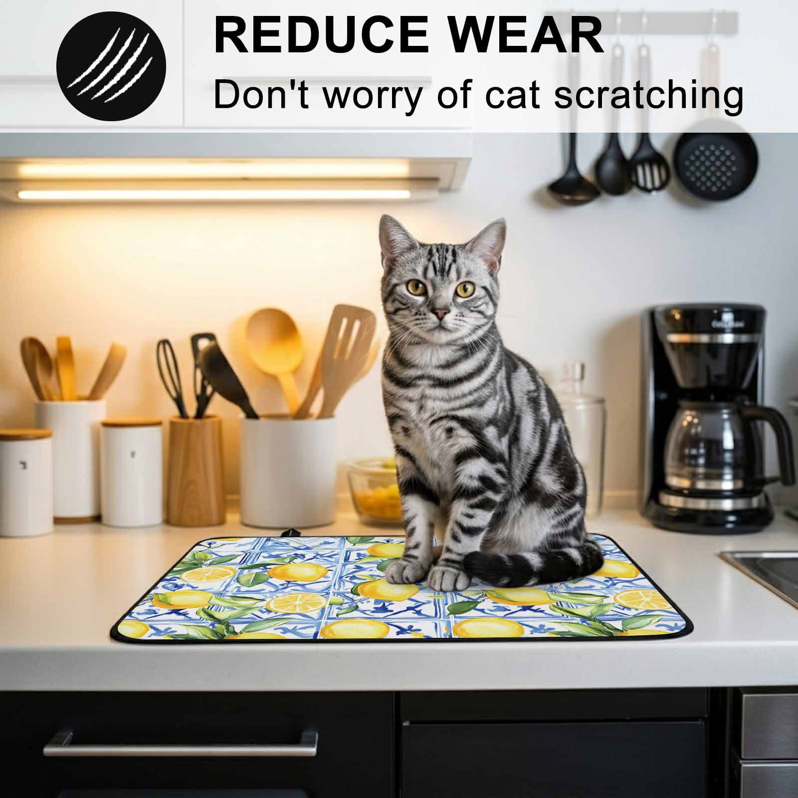 Yellow Lemon Stove Top Cover for Electric Stove, Heat-proof & Non Slip Glass Top Stove Cover Protector, Botanical Spring Leaves Abstract Blue Tile Kitchen Flat Cooktop Rubber Mat 24x21 Inches