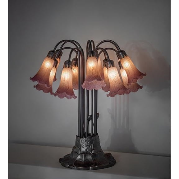 24" High Amber/Purple Tiffany Pond Lily 12 Light Table Lamp