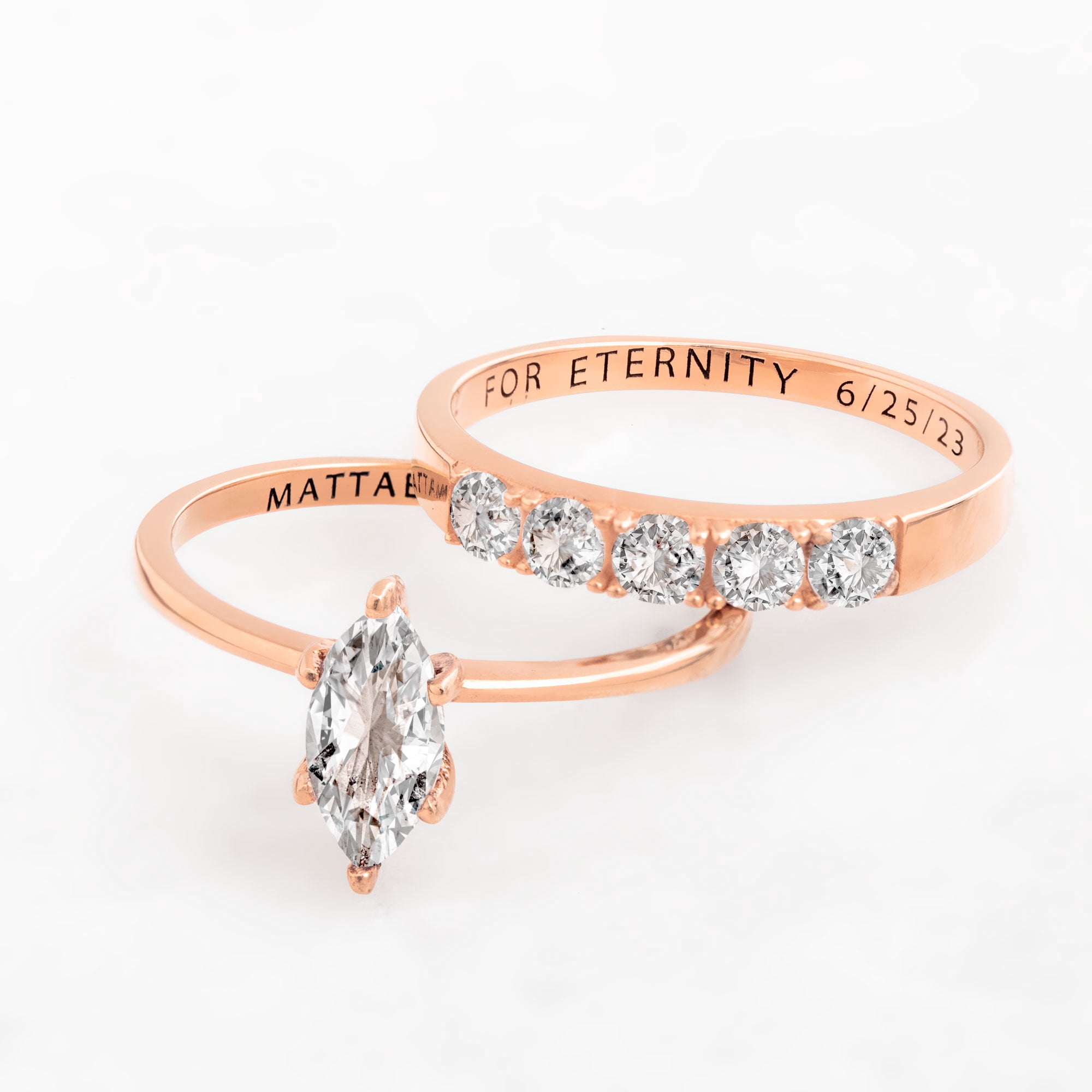 Vow & Forever Personalized Planet Bridal 14K Rose Gold over Sterling Silver Marquise White Topaz 2-Piece Engraved Wedding Ring Set ,Women's
