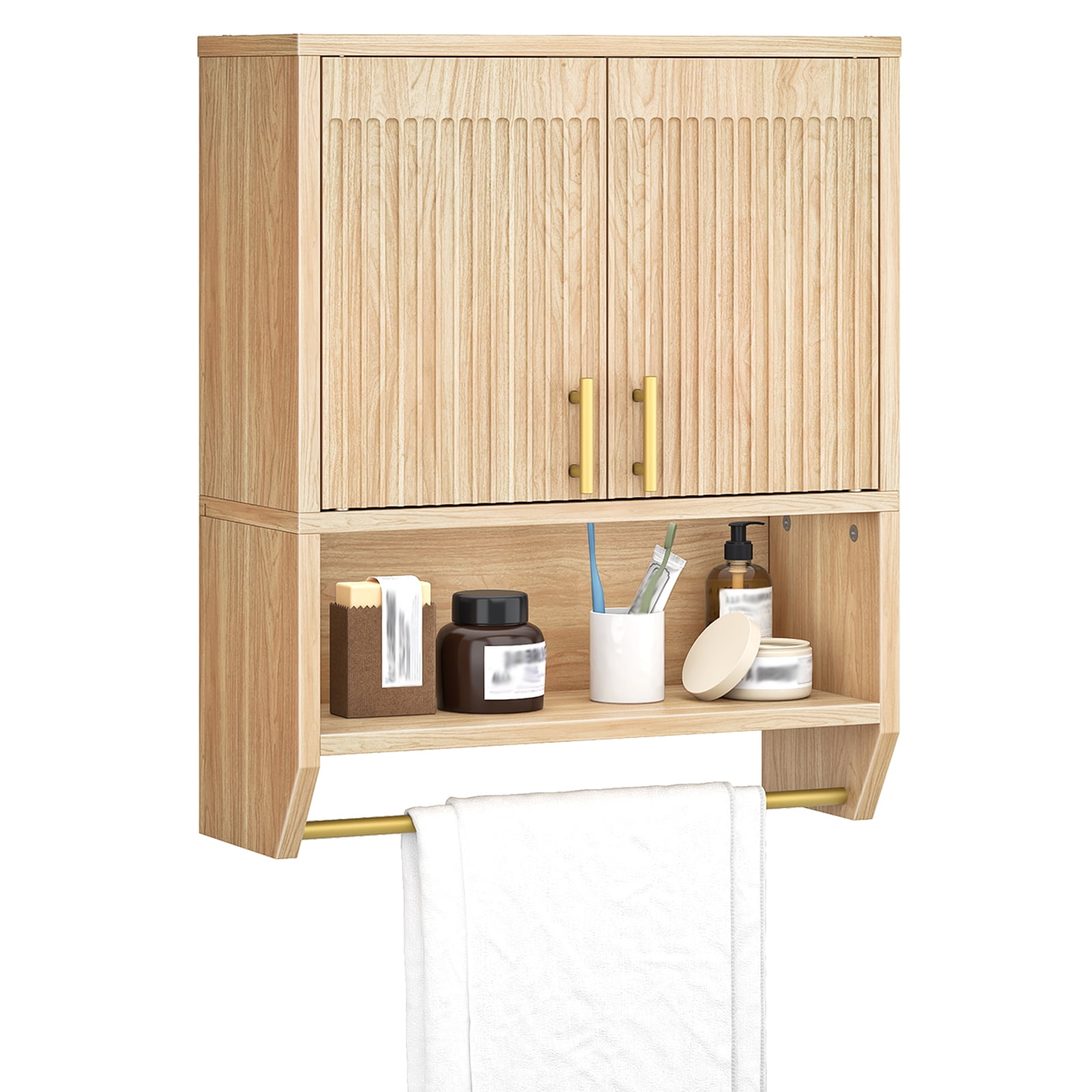 Fluted Medicine Cabinet, Farmhouse Bathroom Wall Cabinet with Towel Rack and Adjustable Shelf, Fluted Wall-Mounted Storage Organizer, for Bathroom, Kitchen, Natural,NL235CW01
