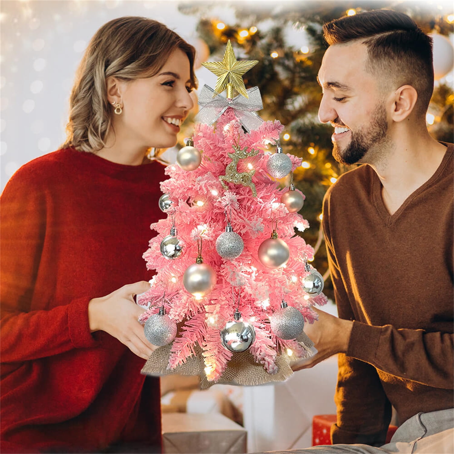 Lowestbest Exquisite Christmas Tree with LED Lights & Decoration, 2ft TableTop Mini Small Xmas Trees, Flocked Artificial Arbol de Navidad - Pink Lowestbest Exquisite Christmas Tree with LED Lights & Decoration, 2ft TableTop Mini Small Xmas Trees, Flocked Artificial Arbol de Navidad - Pink