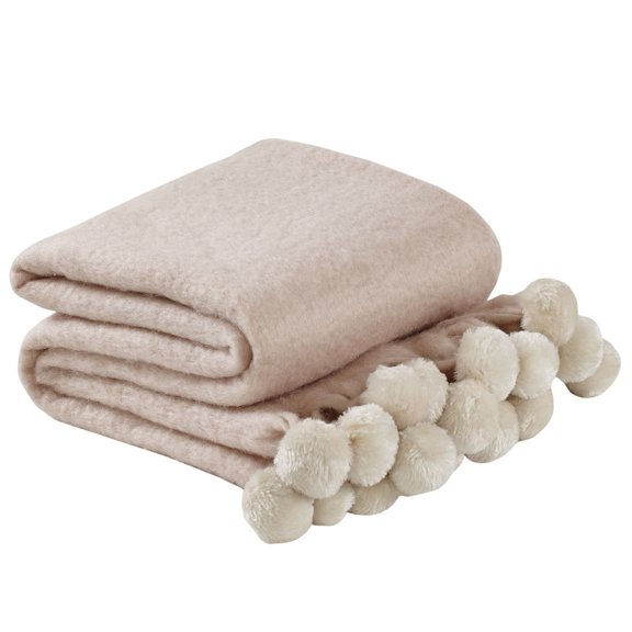 Peppermint Home Solid Mohair Pompom Throw Blanket, 50" x 70", Pink