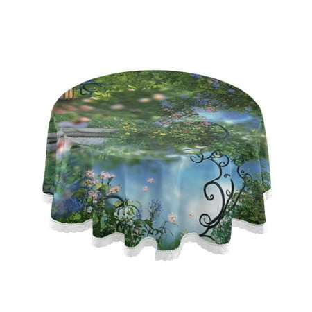 

60 Round Tablecloth with White Lace Trim Wrinkle & Heat-Resistant Table Cover for Dining and Home Decor Magical Fairy Garden