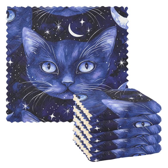 6 Pieces of Kitchen Towels 11x11Inch Kitchen Dish Cloths Kitchen Dish Towels Reuseable Cleaning Cloths Moonlight Cat