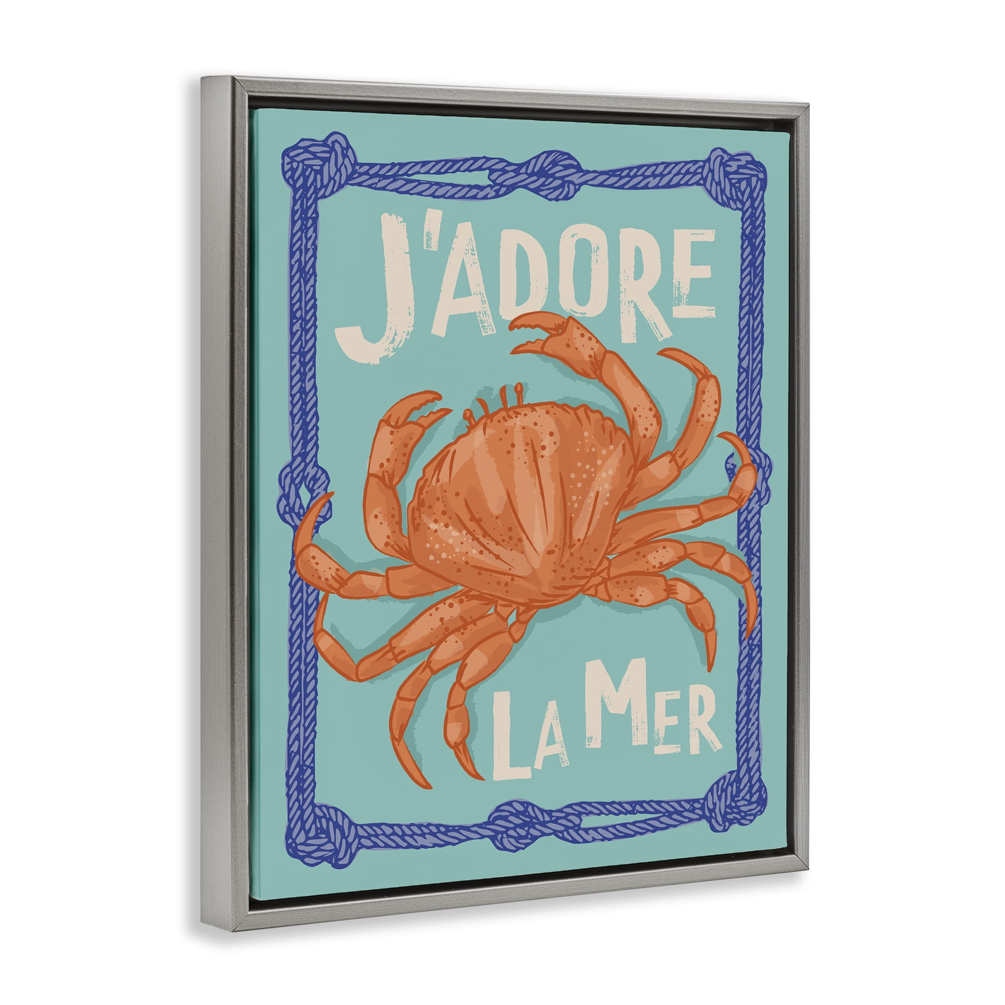 Stupell Industries J'adore La Mer Crab Animals Painting Gray Floater Framed Canvas Art Print Wall Art, 17 x 21