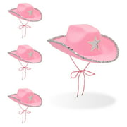 4 Pack Pink Cowboy Hat with Silver Sequins for Girls & Adult Women, Cowgirl Halloween Western Costume, One Size