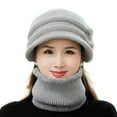 thumbnail image 1 of 2Pcs/Set Short Brim Solid Color Ear Protection Hat Scarf Set Autumn Winter Women Knitted Plush Lining Cap Neckerchief Set, 1 of 10