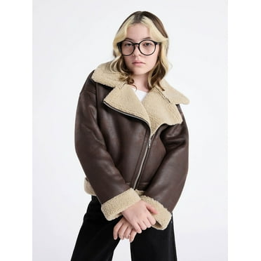 Weekend Academy Girls Faux Leather Biker Jacket with Faux Shearling Trim, Sizes 4-18