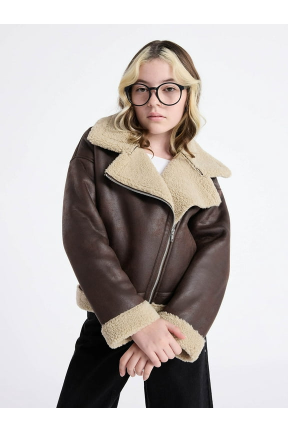 Girls Faux Leather Biker Jacket with Faux Shearling Trim, Sizes 4-18