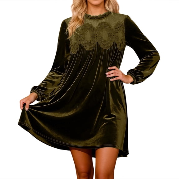 DHFJKG Women Dresses Casual Lace Embroidery Ruffle Crewneck Long Sleeve Flowy A-Line Mini Dress Elegant Soft Tunic Versatile Dresses