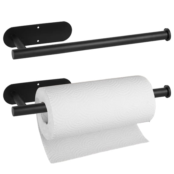 Wall Mounted Paper Towel Holder 2 Pack, No Drill Self Adhesive or Screw Mount Black Stainless Steel Kitchen Roll Holder, 13" Heavy Duty Metal Paper Towel Rack for Kitchen Bathroom Cabinet