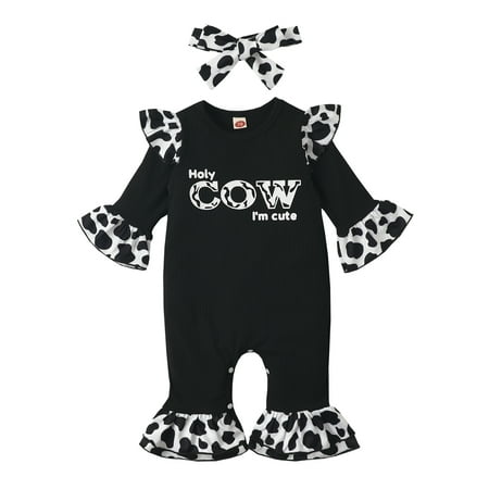 

Eyicmarn Baby Girls Jumpsuit Set Long Sleeve Crew Neck Letters Print Cow Pattern Romper with Bowknot Headband