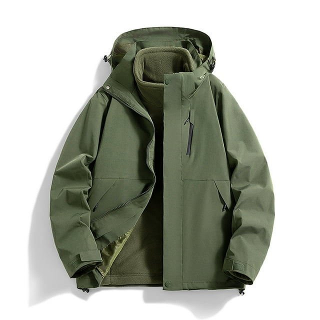 LOVZFMLL Jackets for Men's Solid Color Hooded Three-in-one Detachable Multi-pocket Cardigan Relaxation Outdoors Zipper Overcoat Coat