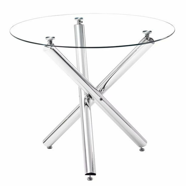 Modern Round Dining Table Baton Kitchen Round Glass Top And Stainless Steel Base Dining Table 3 Chrome Legs Round Table For 2 Or 4 Person Walmart Com Walmart Com