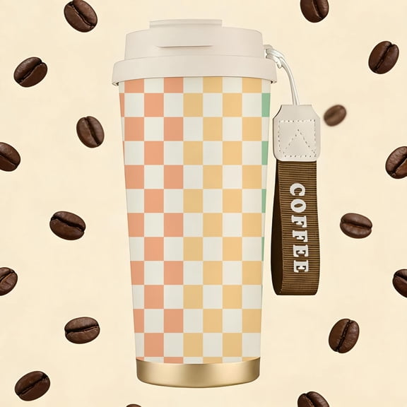 Pastel Checkered Pattern Stainless Steel Insulated Coffee Cup with Double Drink Design， Portable Travel Tumbler with COFFEE Wrist Strap， Reusable Thermal Mug， Perfect Gifts For Birthday Holiday