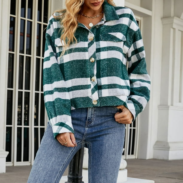 Pisexur Shacket Jacket Women Fashion Plaid Lapel Button Loose Short Woolen Coat Jacket Pocketed Shirts Fall Jacket Shackets