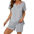 thumbnail image 4 of TWZH Women Solid Color V Neck Buttons Pajama Short Sleeve Pant Sleepwear Set, 4 of 7