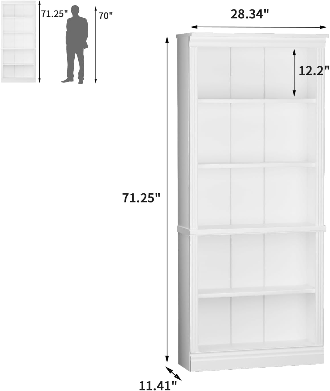 5-Shelf Bookcase, Wooden Freestanding Bookshelf Storage Rack, Open Display Shelf Organizer for Living Room, Bedroom, Home Office (White)