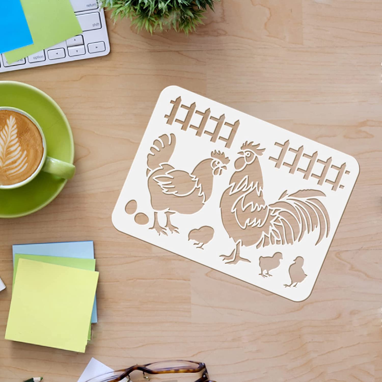 Farmhouse Stencils, 6 Pcs Farm Animals Theme Reusable Stencils for Painting  on Wood, Cow Sunflowers Bee Pig Sheep Hen Chicken Egg Stencils for Drawing