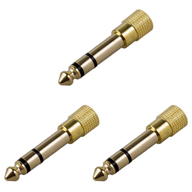 Adaptador de auriculares estéreo de alta calidad (3 unidades, conector dorado de 6,3 mm (macho) a 3,5 mm (hembra))
