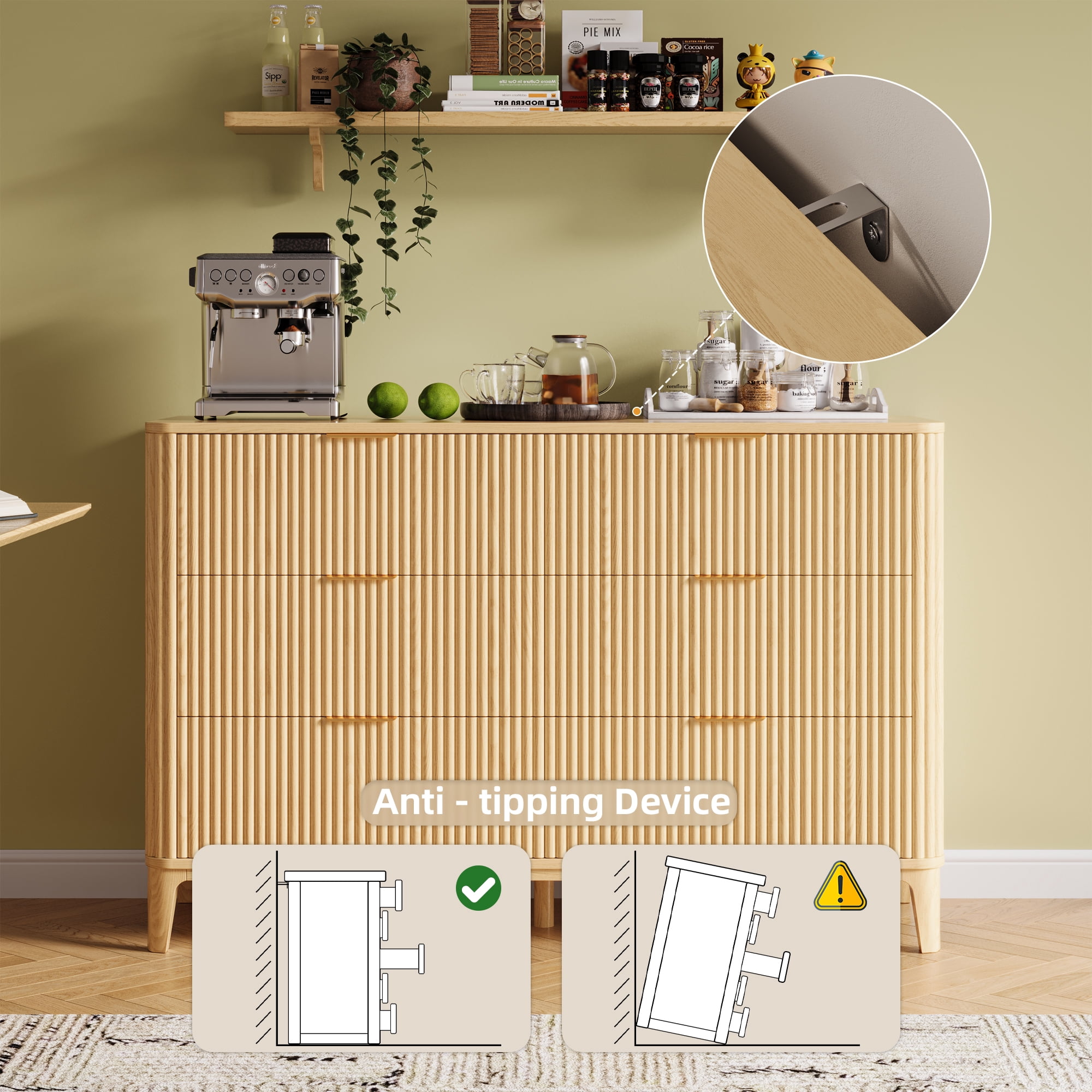 UGTOO 45.2"L 6-Drawers Dresser, Natural Wood Storage Cabinet for Bedroom & Living Room Slim Space-Saving Organizer with Smooth Gliding Drawers, 25 lbs/Drawer Capacity