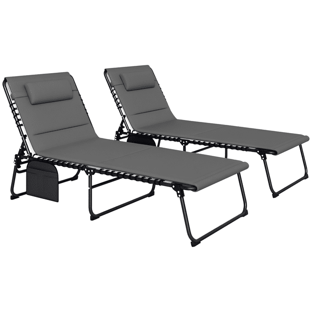 Outsunny Folding Lounge Chair Set of 2, Reclining Tanning Chair Light Grey