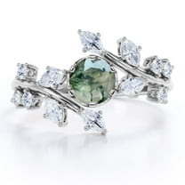 JeenMata 0.75 Carat Branch Leaf Design 6 Prong Round Shaped Opaque White Moss Green Agate And Moissanite Cathedral Tension Engagement Ring In 18K White Gold Plating Over Silver