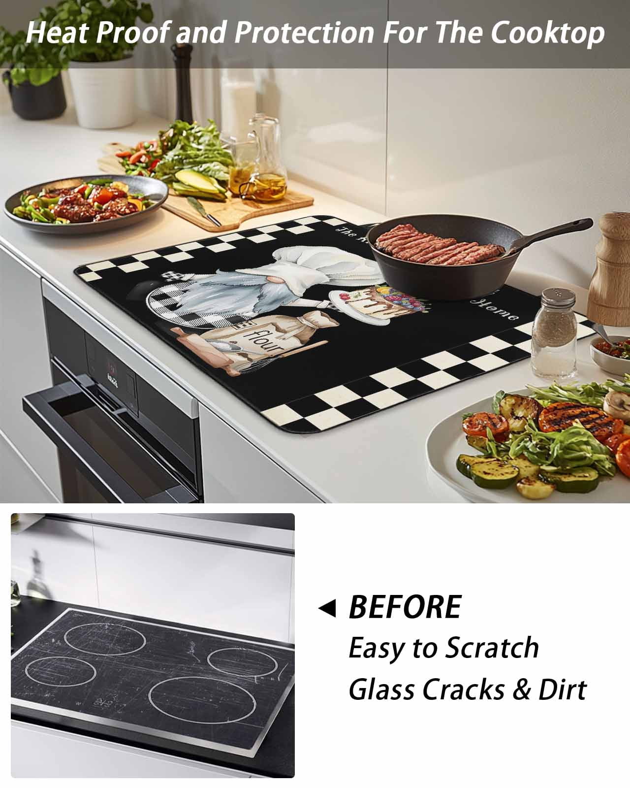 Stove Top Covers for Electric Stove, Chef Gnomes Glass Stovetop Cover Protector, Black White Plaid Dessert Maker Cake Induction Cooktop Protector Oven Mat for Kitchen Countertop 24"x21"