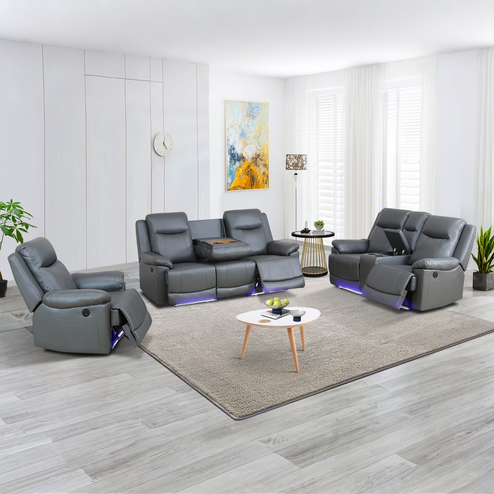Gewnee Silver Gray 3-Piece Living Room Recliner Sofa Set with Console & Cup Holders,Air Leather, Solid Wood Frame & Double-Layer Springs