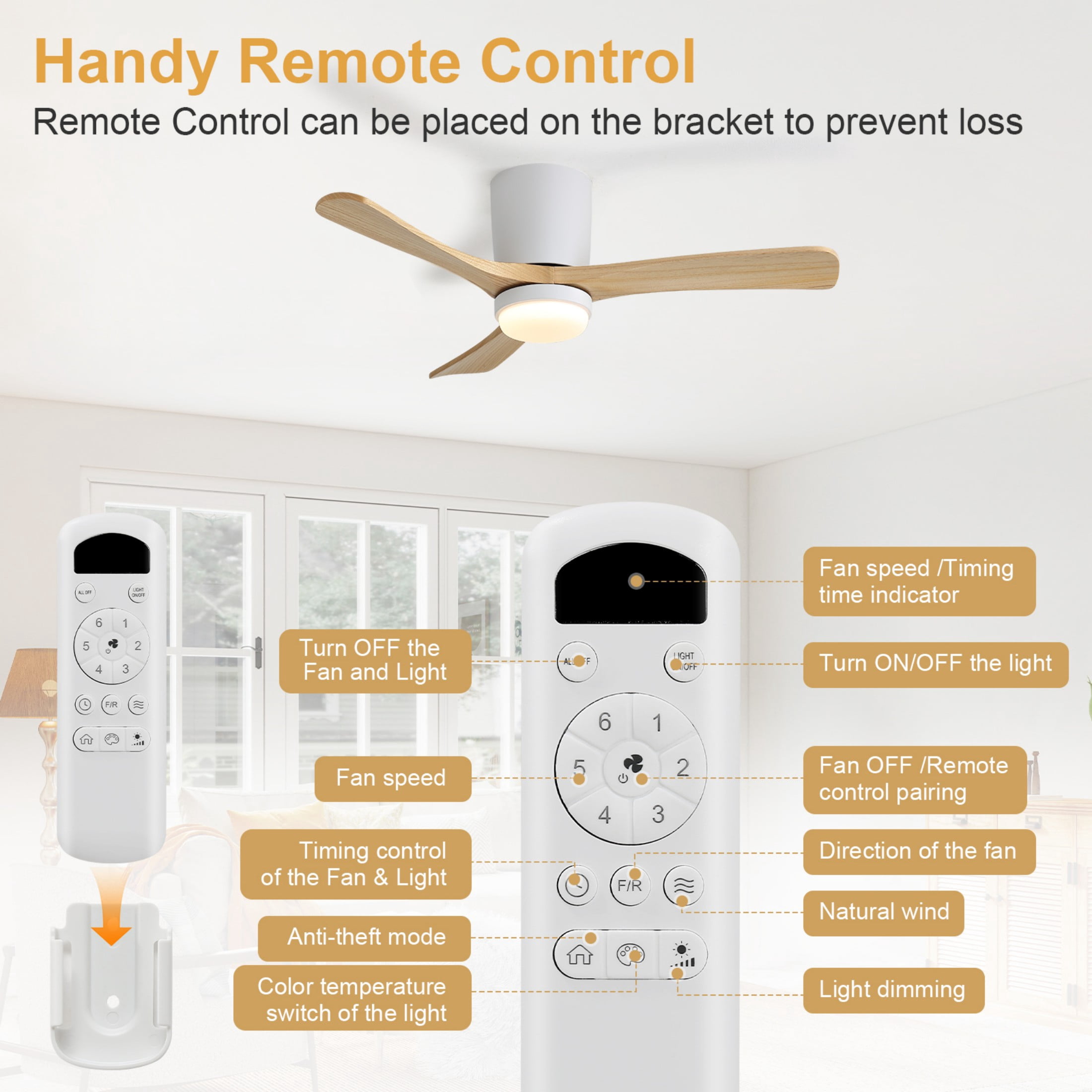 Sofucor 42-Inch Flush Mount Ceiling Fan with LED Light and Remote Control, Dimmable, ETL Certified
