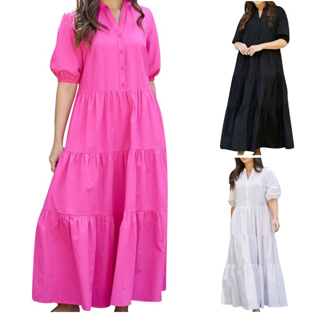 Ashirexll Robes d'Été pour Femmes, Robes Décontractées pour Femmes, Robe d'Été à la Mode à Manches Courtes avec Fente, Col Rond, Imprimé Décontracté