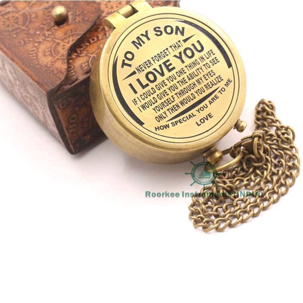 Roorkee Instruments (India)Brand Brass Golden Color Engraved Compass with Imprinted Leather Case