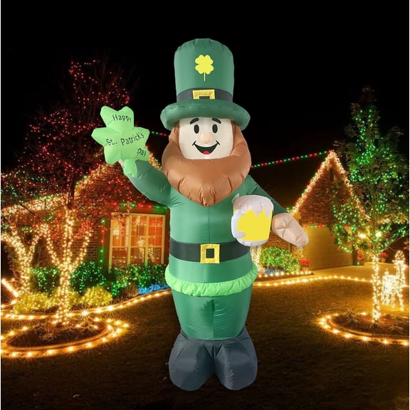 7.8 Foot St Patricks Day Inflatable St Patricks Day Decorations Outdoor Giant Inflatable Leprechaun with LED Light Holding Shamrocks Beer for Irish Day Yard Decoration Lucky Decor Fun Holiday Blow Up