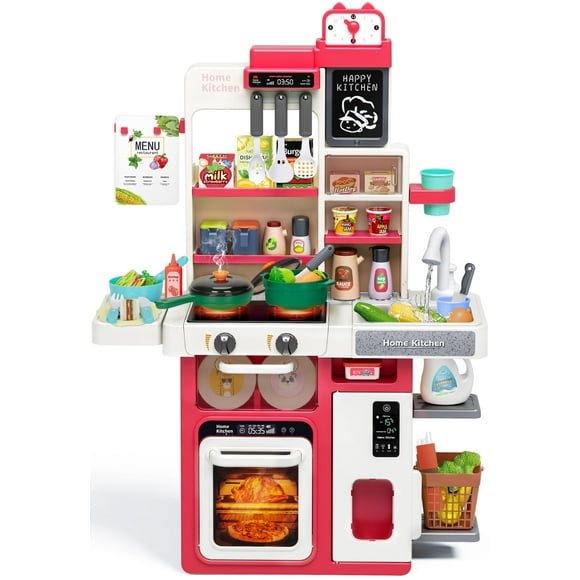Red Kids Play Kitchen Set, Toddler Kitchen Playset with Sound & Light, Cooking Stove with Steam, Play Sink, Play Food Toy and Kitchen Accessories, Kitchen Toy for Kids Girls Boys - Red