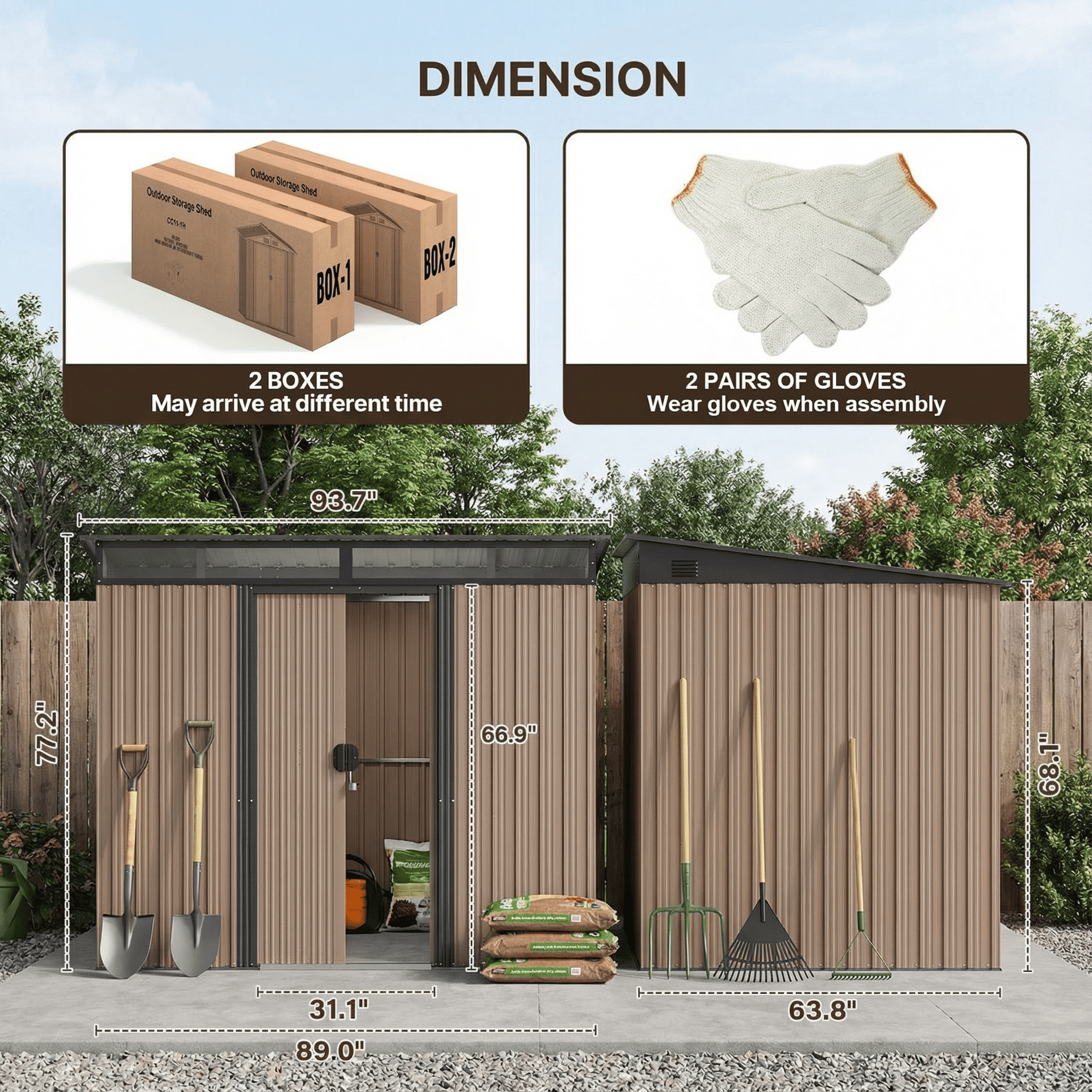 7.4'x5.3' FT Galvanized Steel Outdoor Storage Shed, Sliding Door Design, Multipurpose for Bike & Tool Storage - Brown